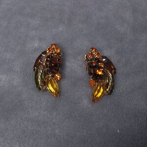 Vintage Amber & Olive Rhinestone Clip-On Earrings Costume Jewelry